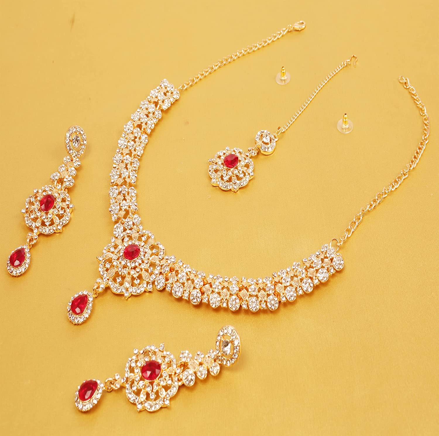 Touchstone Indian Bollywood enchanting floral diamond studded look Rhinestone embellished bridal designer jewelry necklace set for women in silver or white tone. - Image 7